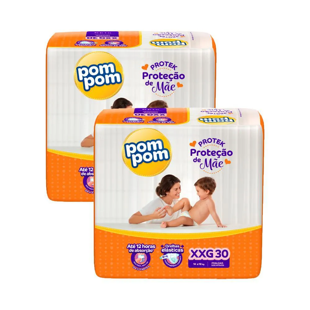 Kit 2 Fraldas Pom Pom Derma Protek Mega Xxg com 30Un Cada