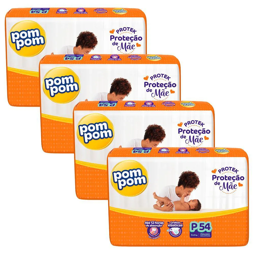 Kit 4 Fraldas Pom Pom Derma Protek Mega P com 54Un Cada