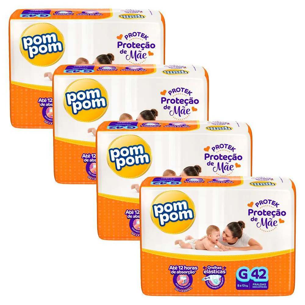 Kit 4 Fraldas Pom Pom Derma Protek Mega G com 42Un Cada