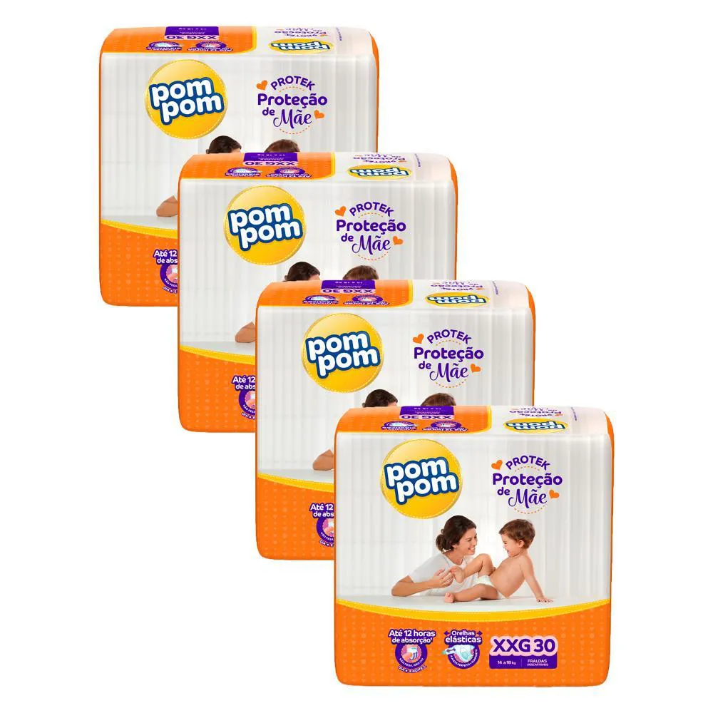 Kit 4 Fraldas Pom Pom Derma Protek Mega Xxg com 30Un Cada