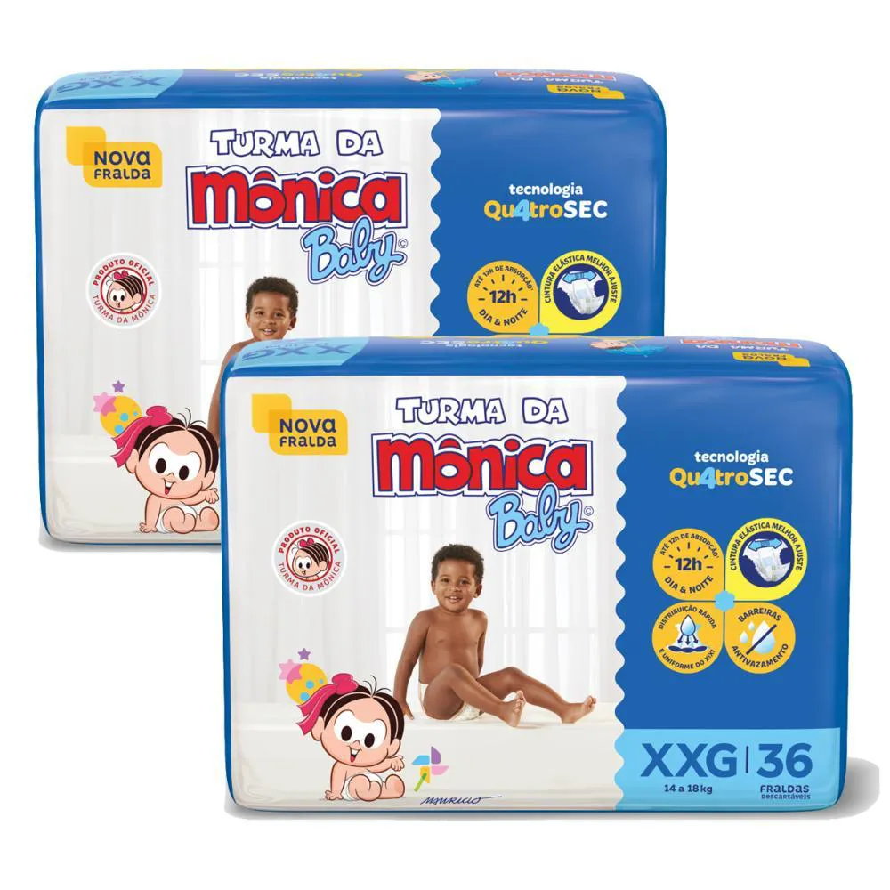 Kit 2 Fraldas Turma da Mônica Baby Mega Xxg com 36Un Cada