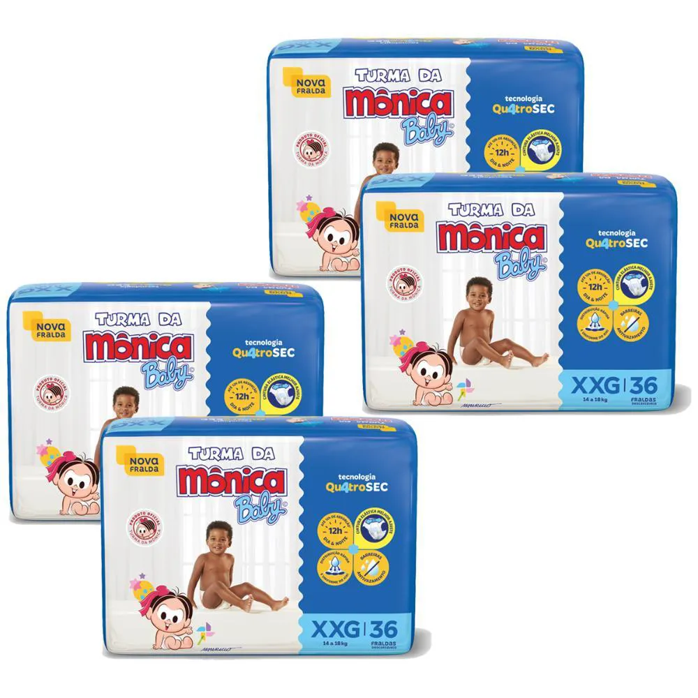 Kit 4 Fraldas Turma da Mônica Baby Mega Xxg com 36Un Cada