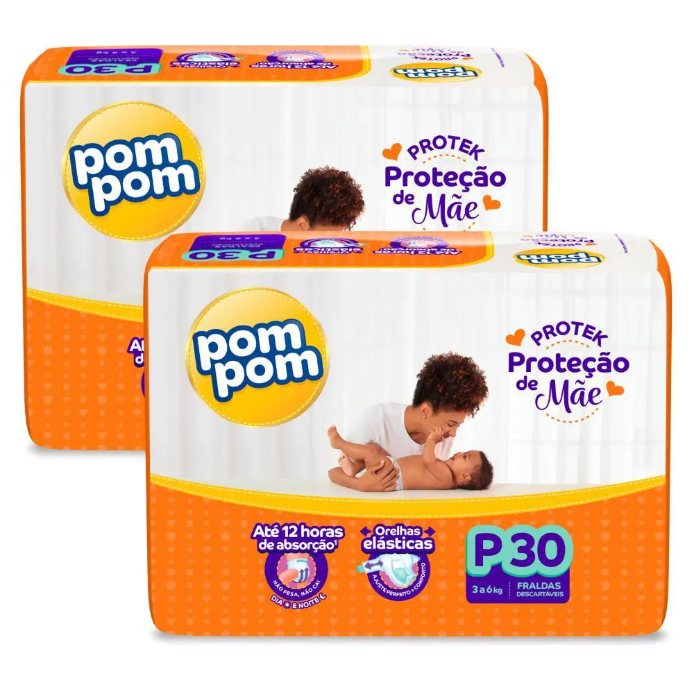 Kit 2 Fraldas Pom Pom Protek Proteção de Mãe Jumbo P com 30Un Cada