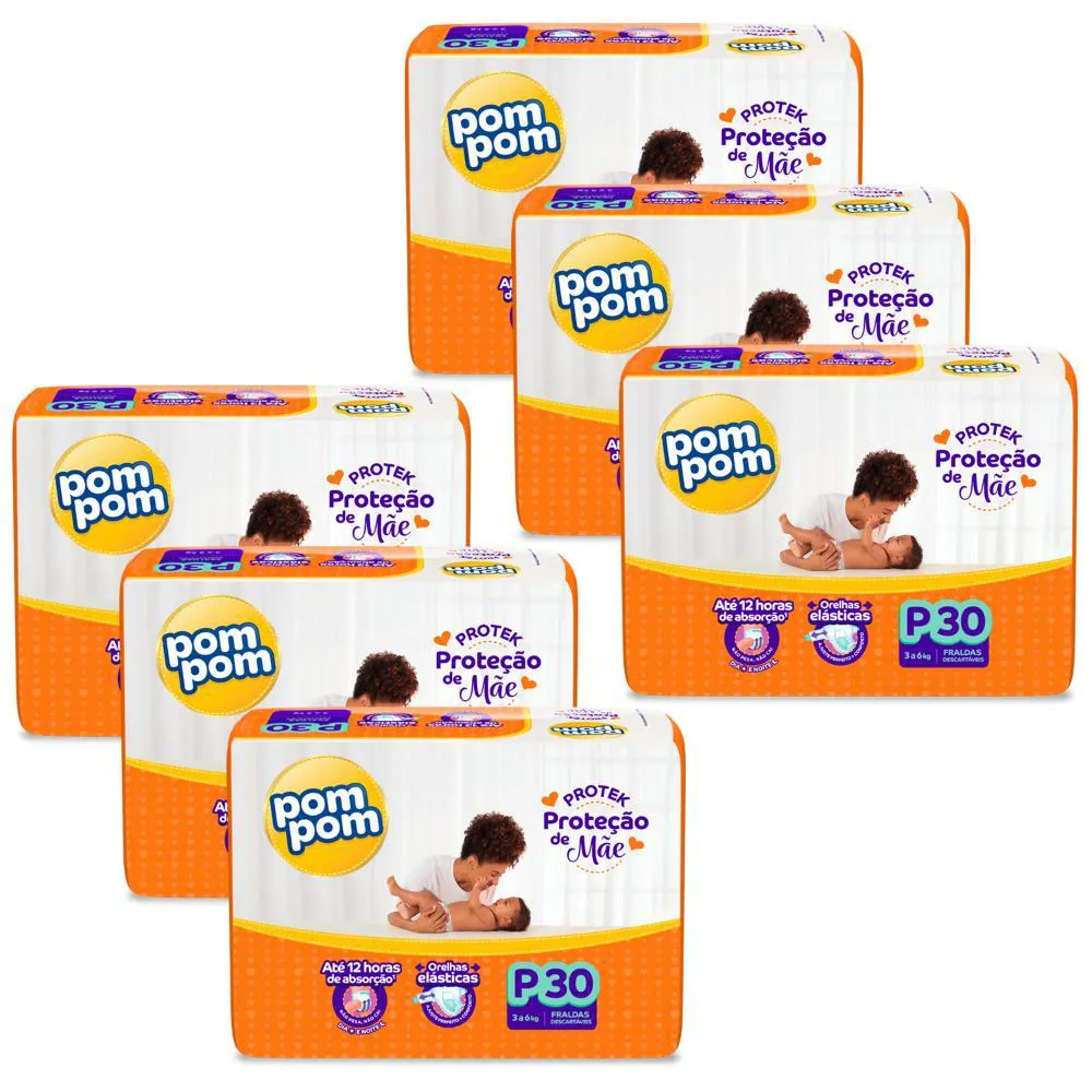 Kit 6 Fraldas Pom Pom Protek Proteção de Mãe Jumbo P com 30Un Cada