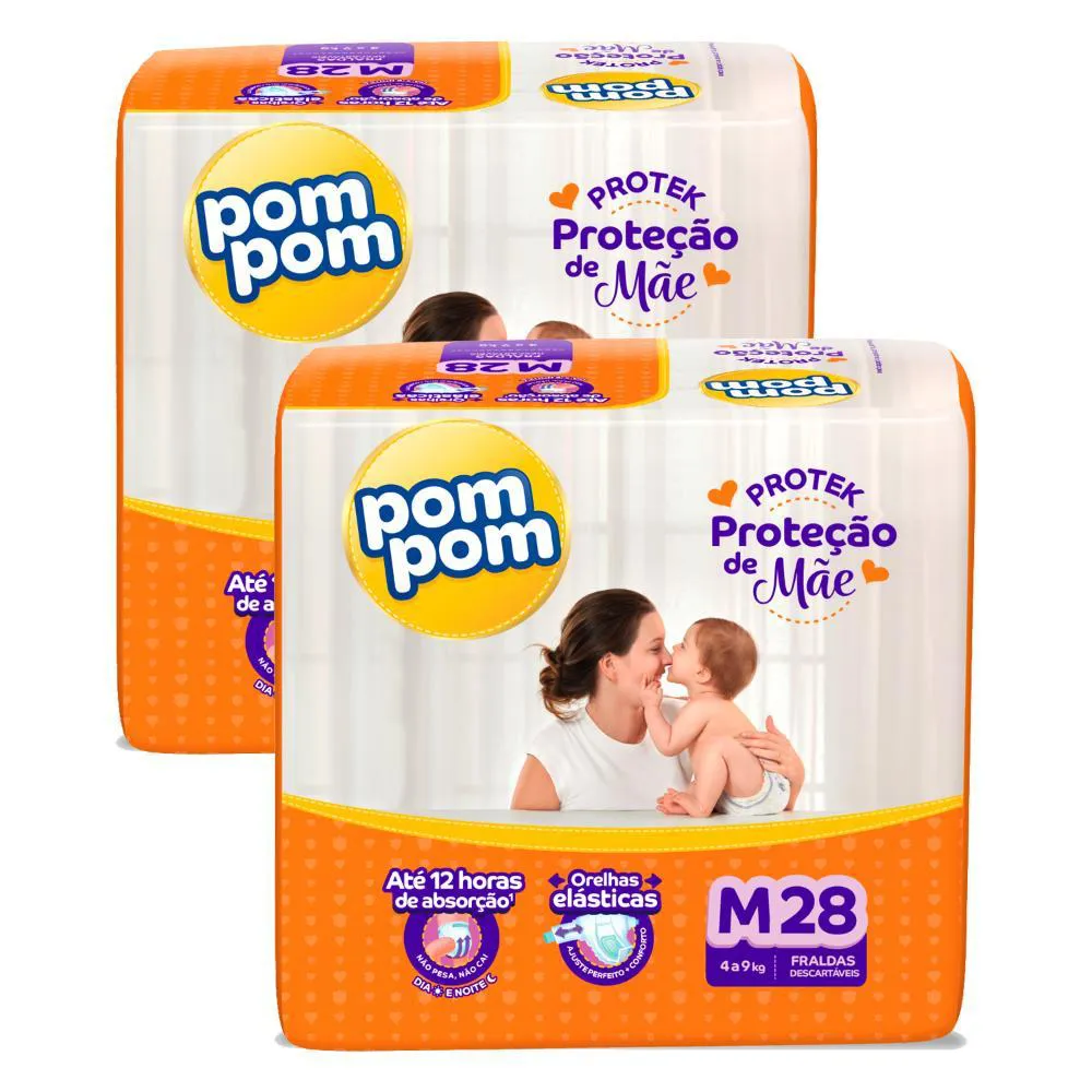 Kit 2 Fraldas Pom Pom Protek Proteção de Mãe Jumbo M com 28Un Cada