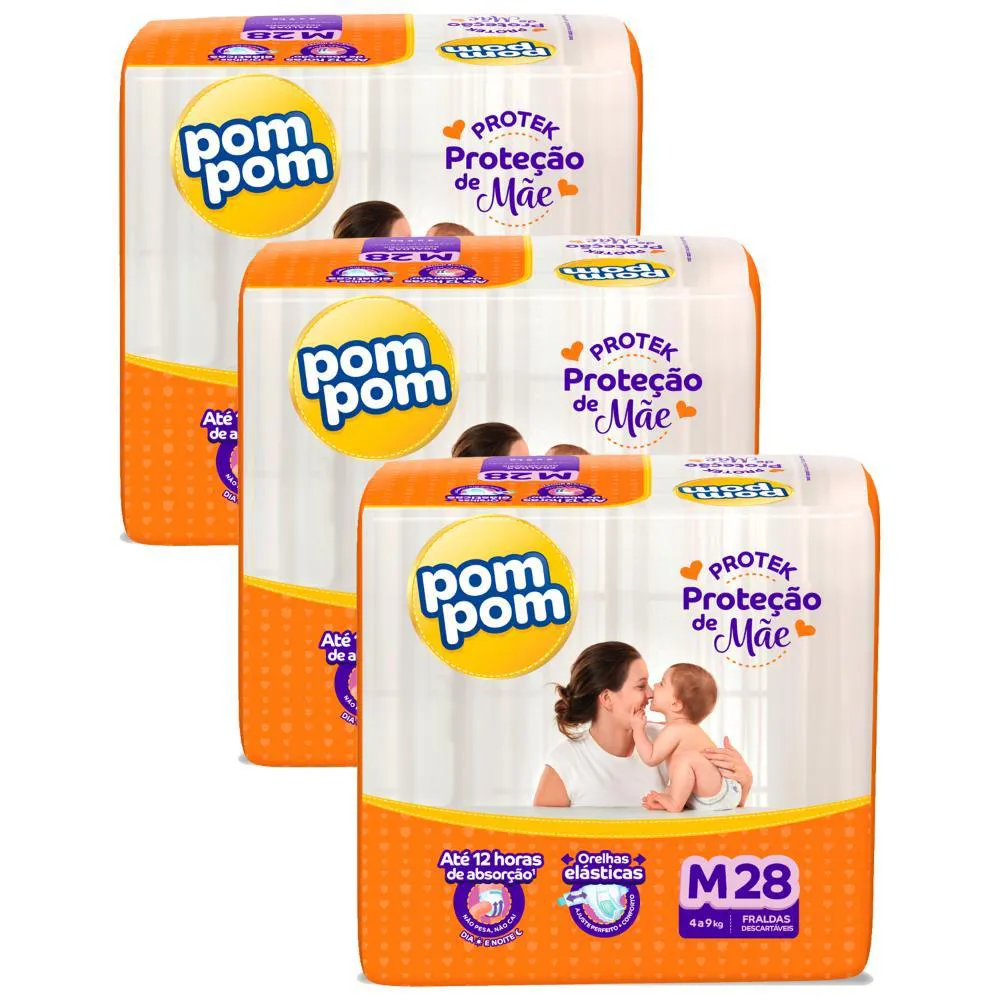 Kit 3 Fraldas Pom Pom Protek Proteção de Mãe Jumbo M com 28Un Cada