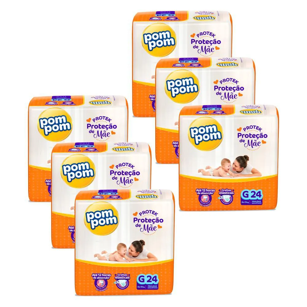 Kit 6 Fraldas Pom Pom Protek Proteção de Mãe Jumbo G com 24Un Cada
