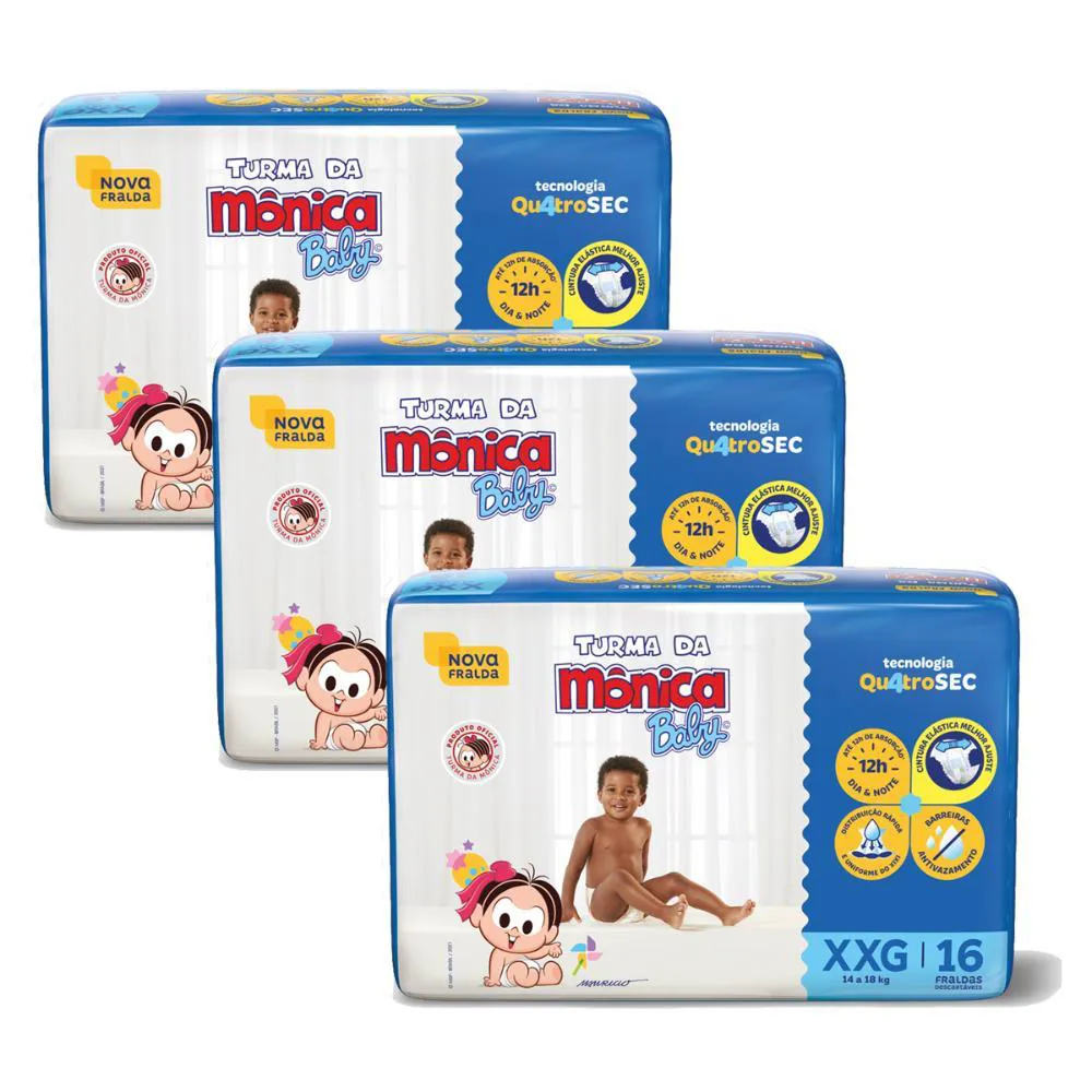 Kit 3 Fraldas Turma da Mônica Baby Jumbo Xxg com 16Un Cada