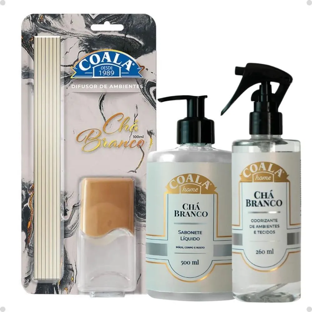 Kit Coala Chá Branco: Sabonete Líquido, Difusor de Aromas e Odorizante de Ambientes