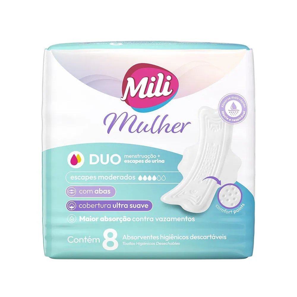 Absorvente Mili Mulher Duo com Abas - Embalagem com 8 Unidades