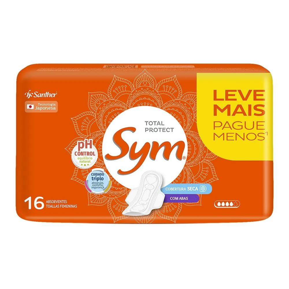 Absorvente Sym Cobertura Seca com Abas Leve 16 Pague 14 - Embalagem com 16 Unidades