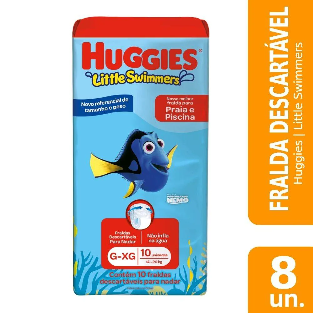 Fralda Descartável Huggies Praia e Piscina Little Swimmers Tamanho G/Xg - 8 Pacotes com 10 Fraldas - Total 88 Tiras