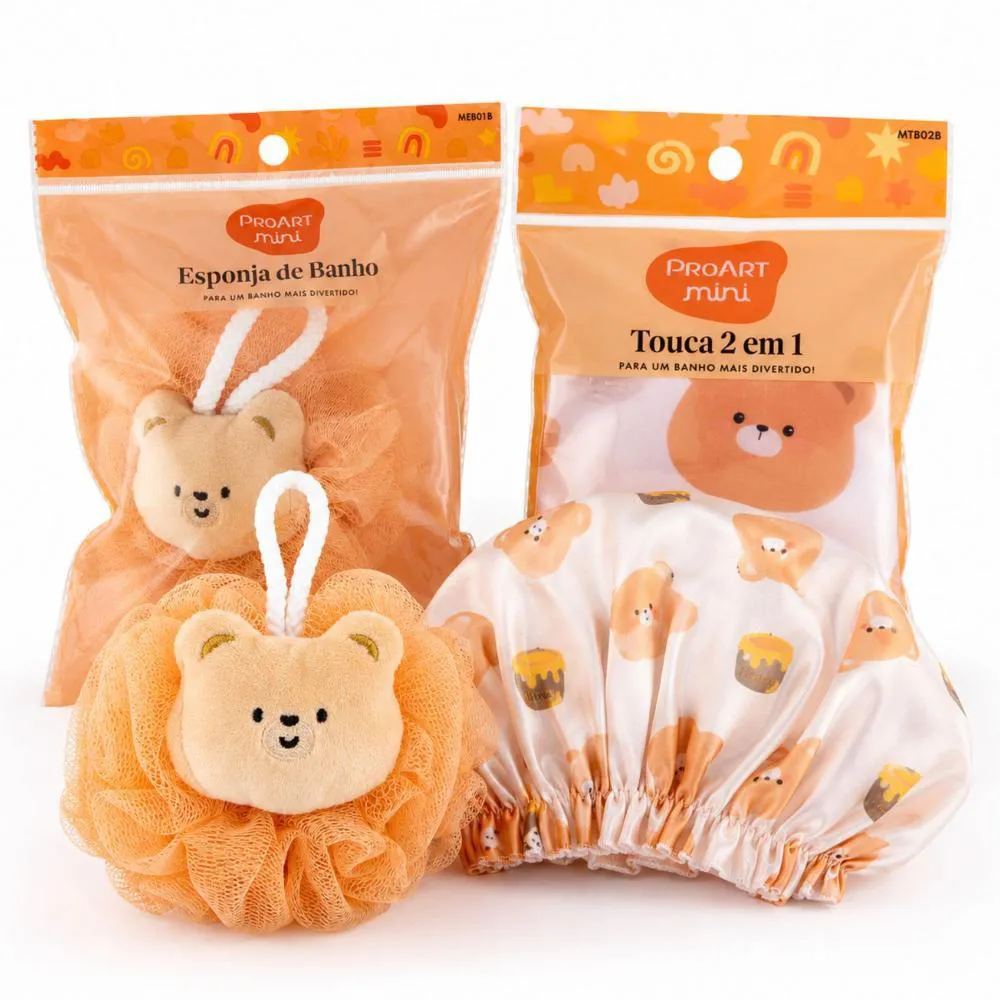 Kit Proart Mini Urso: Touca de Banho 2 em 1 e Esponja de Banho