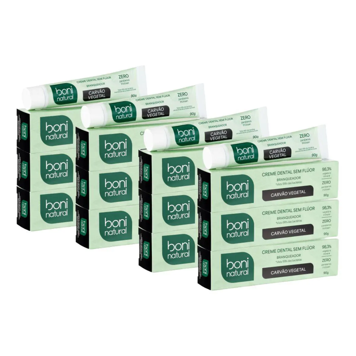 Kit 12 Creme Dental Boni Natural Menta e Carvão Vegetal 90G