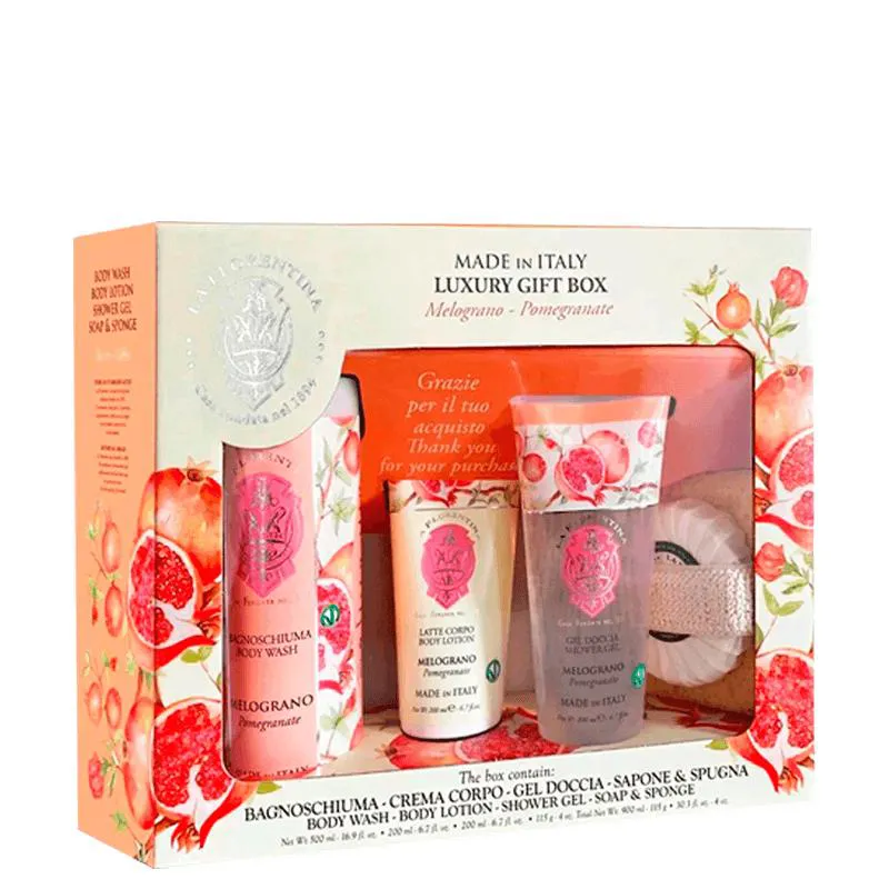 Kit Florentina Spa Pomegranate - Sabonete Liquido 500Ml + Shower Gel 200Ml + Body Lotion 200Ml + Sabonete 115G + Esponja de Banho
