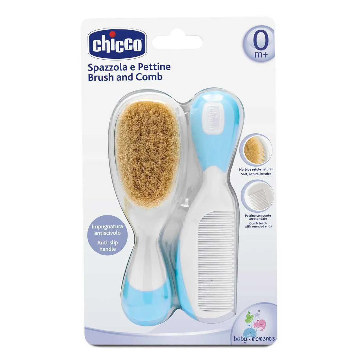 Kit Escova e Pente Chicco de Cerdas Naturais Cor Azul com 1 unidade