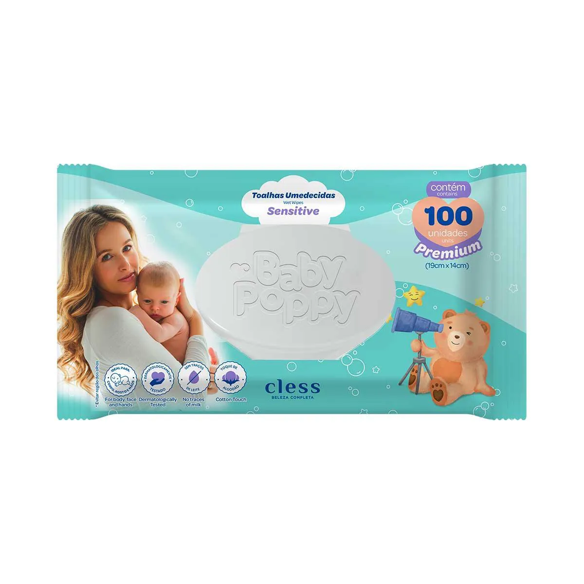 Lenço Umedecido Baby Poppy Sensitive Toque de Algodão Sem Traços de Leite 100 unidades