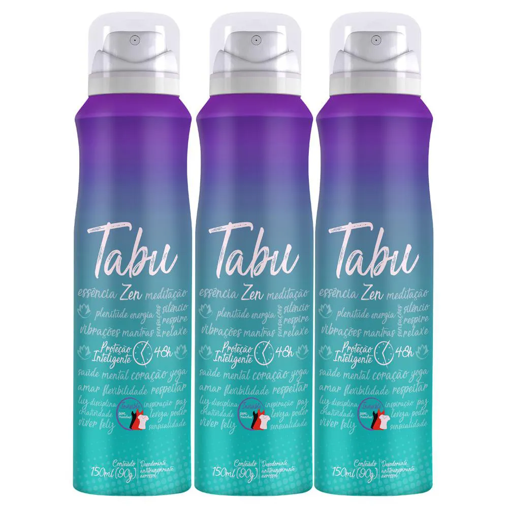 Kit Desodorante Antitranspirante Aerosol Tabu Zen Feminino 48h 150ml 3 unidades