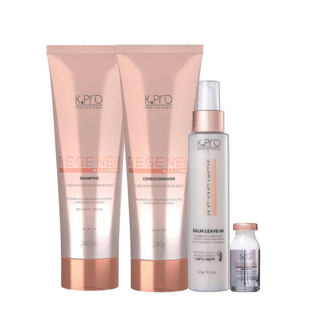 Kit K.pro Profissional Regenér Shampoo Condicionador Leave-in e Ampola (4 Produtos)