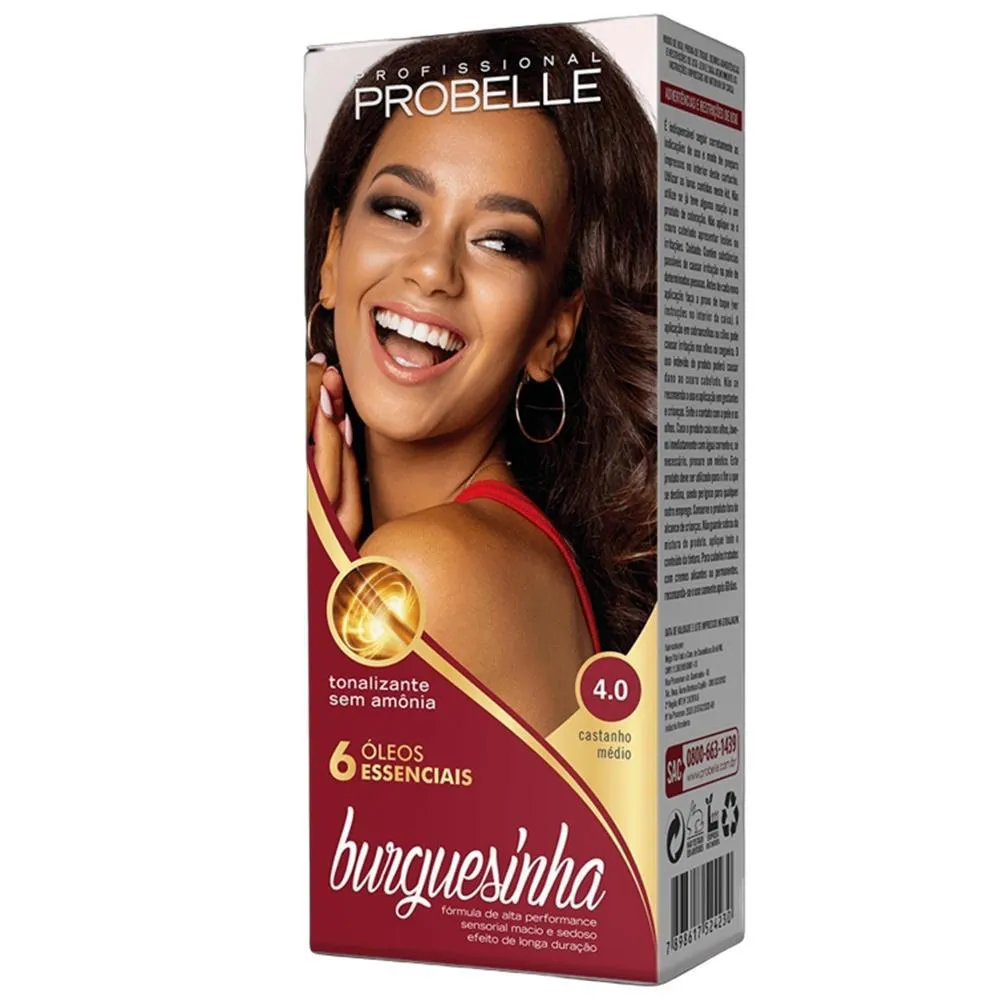 Tintura Probelle Burguesinha sem Amonia 4.0 Castanho Medio