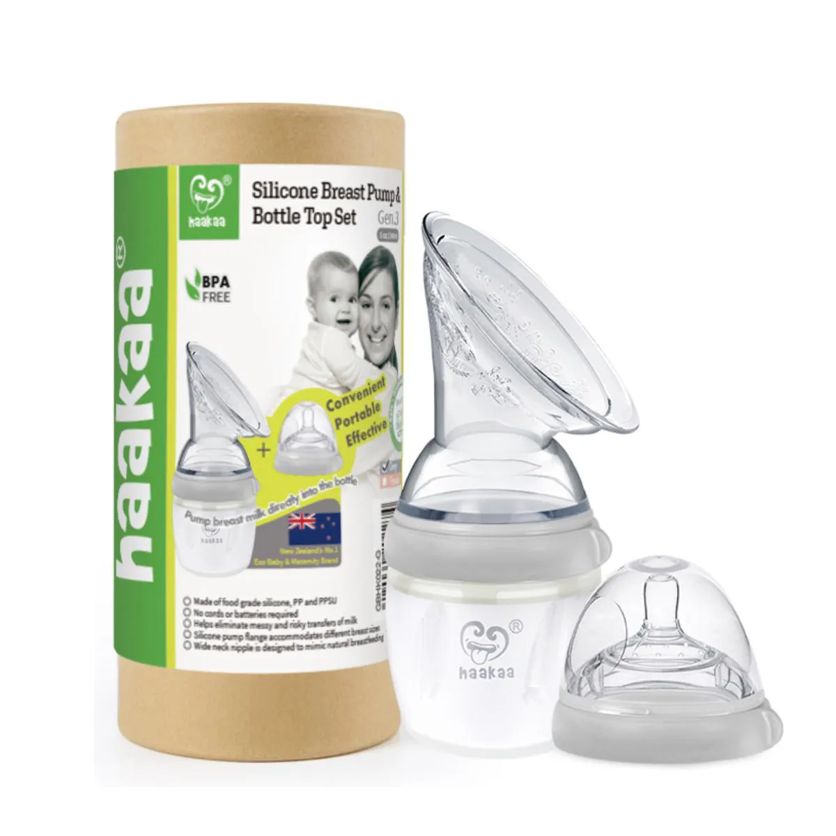Bomba Coletora de Leite Materno 100% Silicone + Bico Mamadeira Haakaa 160ml