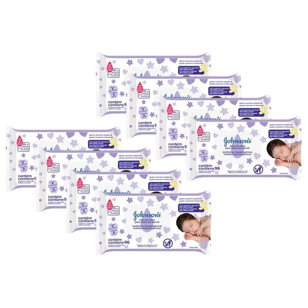Kit Lenço Umedecido Johnson's Baby Hora do Sono Hipoalergênico Sem Álcool 96 unidades 8 pacotes