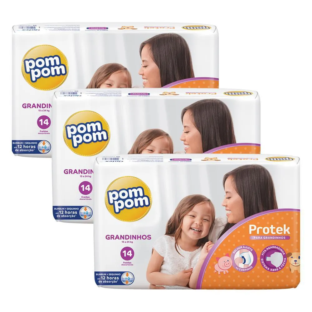 Kit Fralda Pom Pom Protek Jumbo G 14 unidades 3 Pacotes