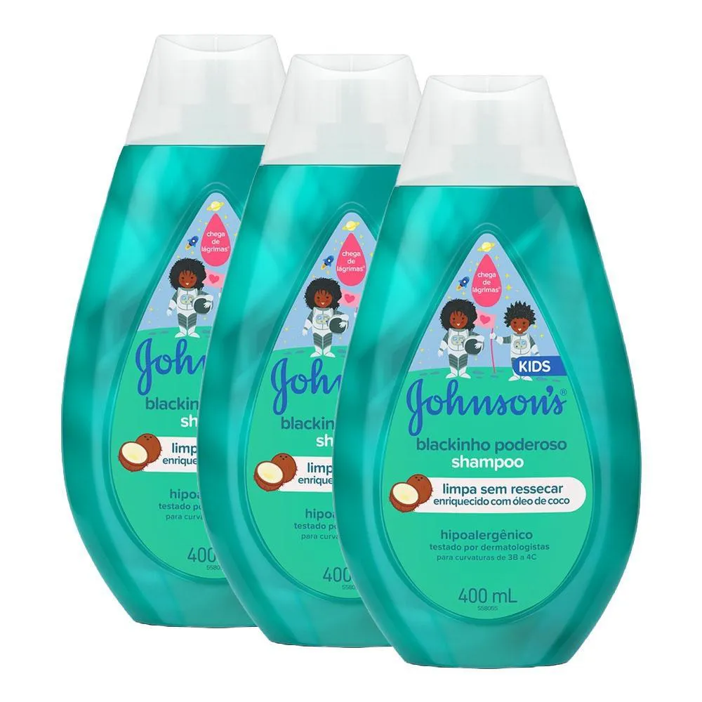 Kit 3 Shampoos Infantis Johnson's Baby Blackinho Poderoso 400ml Cada
