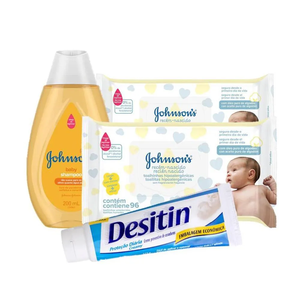 Kit Lenço Umedecido Johnson's Baby RN 192 unidades 2 Pacotes + Shampoo Johnson's Baby 200ml + Creme para Assaduras Desitin 113g