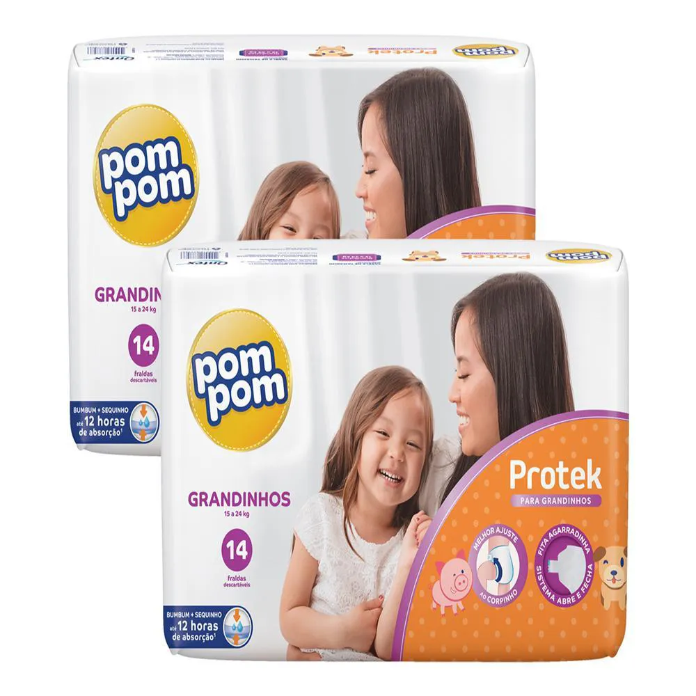 Kit Fralda Pom Pom Protek para Grandinhos 15 a 24kg 14 unidades 2 Pacotes