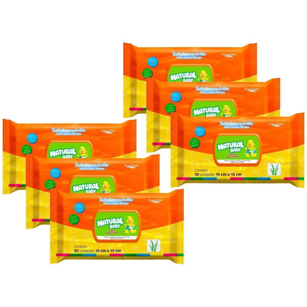 Kit Lenço Umedecido Natural Baby Mãe e Filho 50 unidades 6 Pacotes