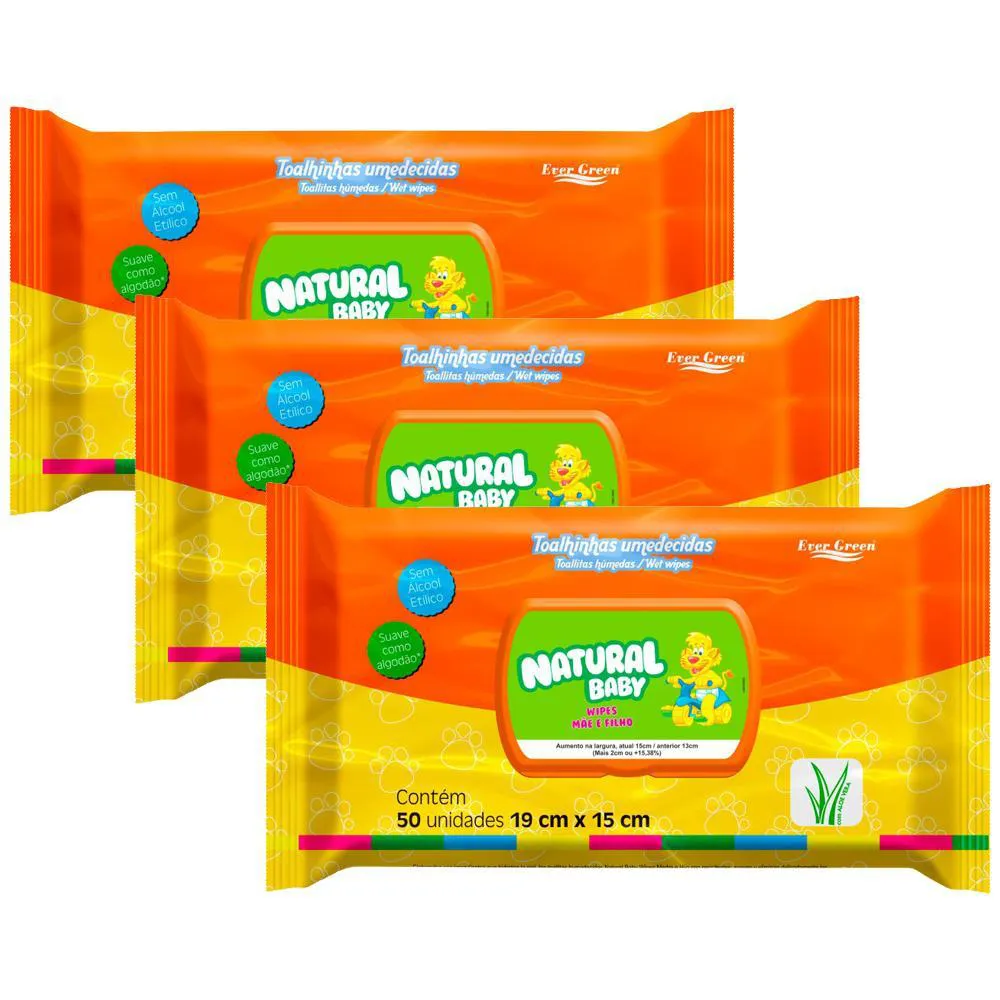 Kit Lenço Umedecido Natural Baby Mãe e Filho 50 unidades 3 Pacotes