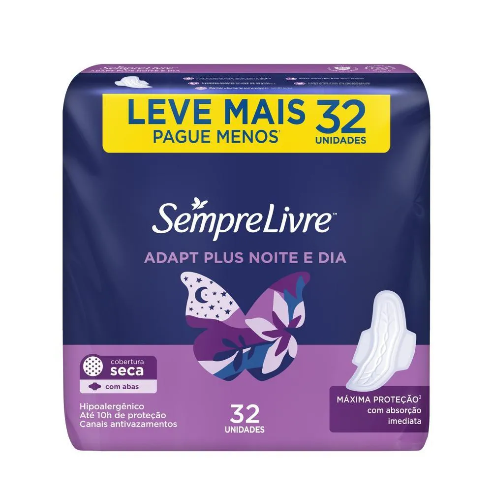 Absorvente Externo Sempre Livre Adapt Plus Noite e Dia Seca com Abas Leve Mais Pague Menos 32 unidades