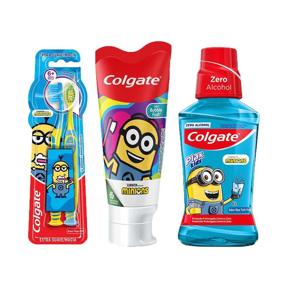 Kit Infantil Colgate Minions Gel Dental Smiles Bubble Fruit 100g + Enxaguante Bucal Tutti Frutti 250ml + Escova de Dente 2 unidades
