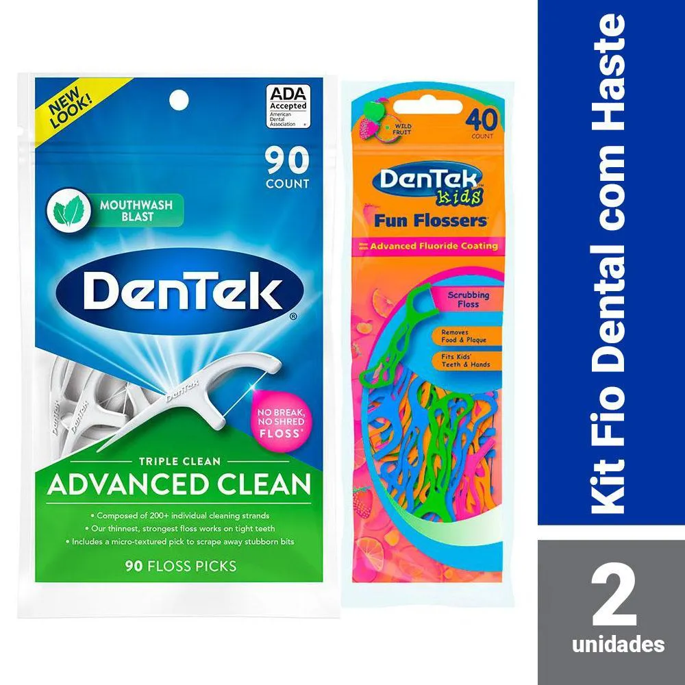 Kit DenTek Fio Dental Floss Picks Triple Clean Adv c/ 90 un + Fio Dental Kids Fun Flossers c/ 40 un