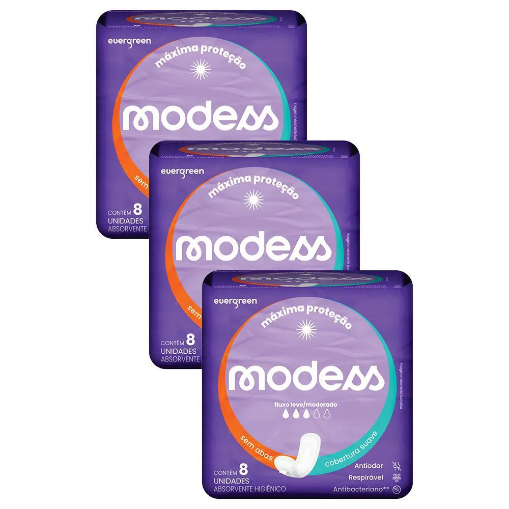 Kit 3 Absorventes Modess Malha Suave sem Abas 8un Cada