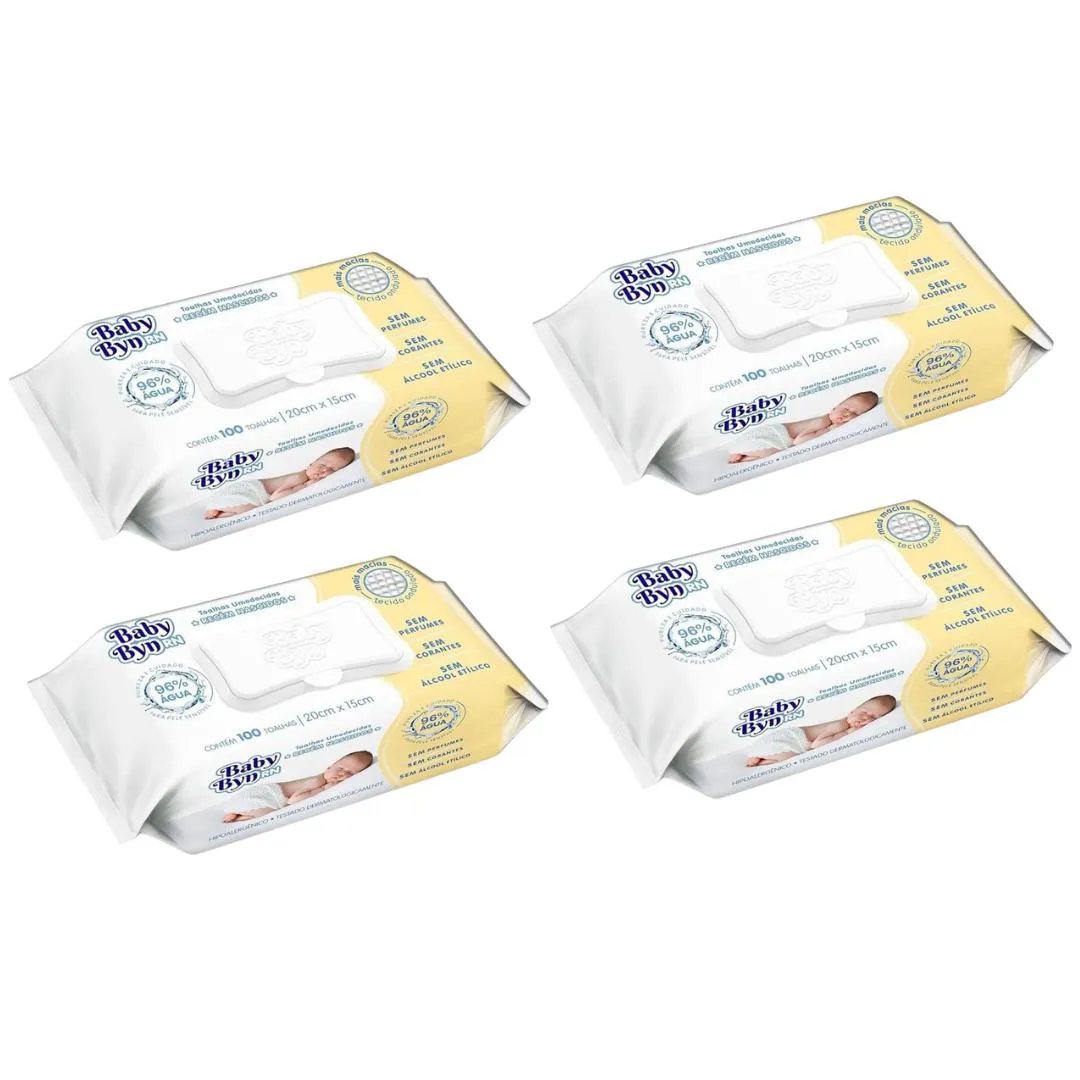 Kit Lenço Umedecido Hygieline Baby Byn Rn 4 Pacotes de 100 unidades