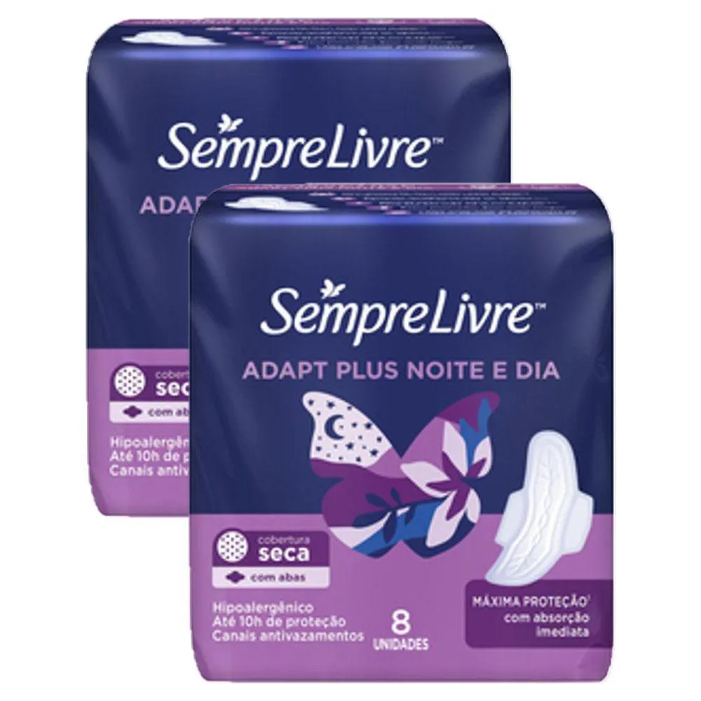 Kit 2 Absorventes Sempre Livre Adapt Plus Noite e Dia Seca com Abas 8 unidades