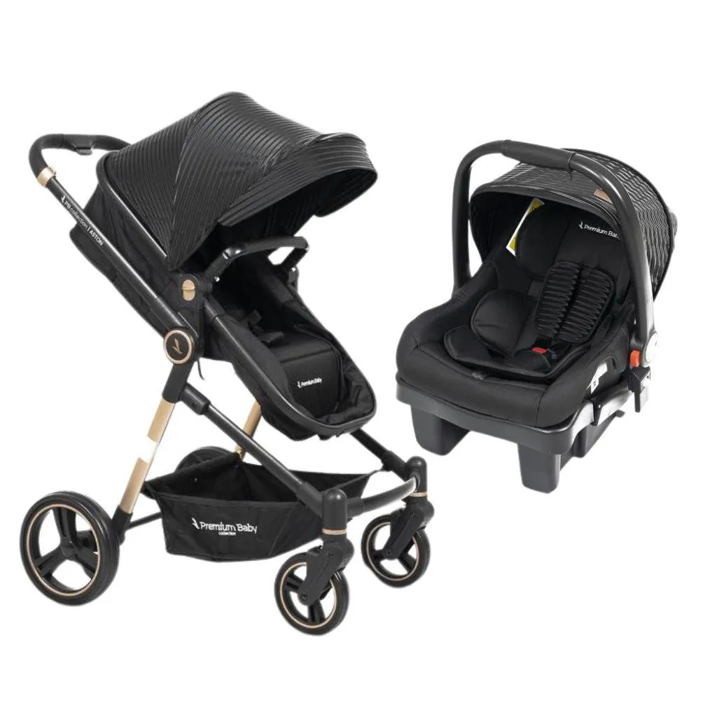Kit Premium Baby Aston Travel System - Carrinho de Bebê + Bebê Conforto com Base Black/gold (2 Produtos)