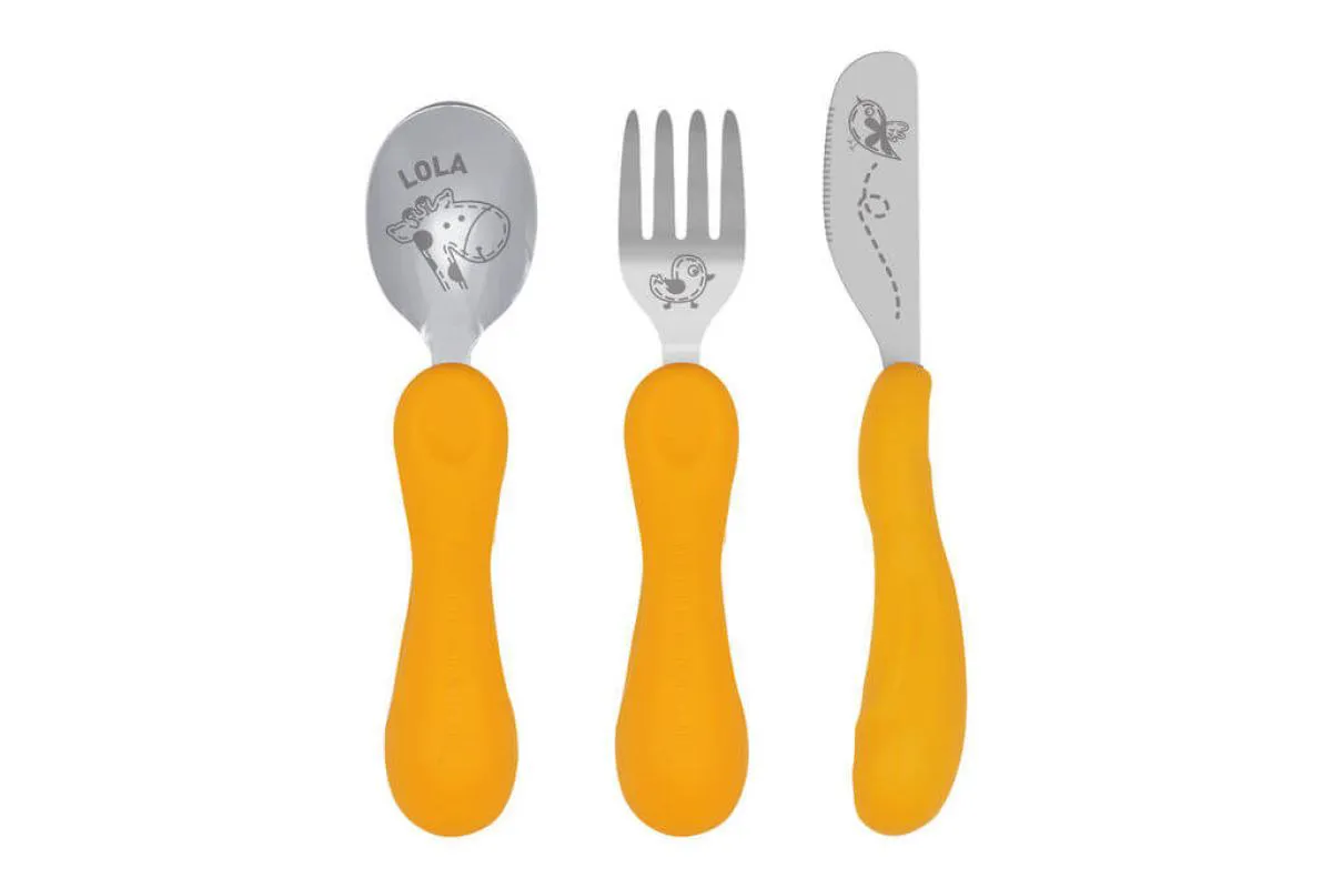 Jogo Anatômico Colher Garfo e Faca com Inox Girafa Lola 3pcs (em Silicone e Inox) - Marcus & Marcus