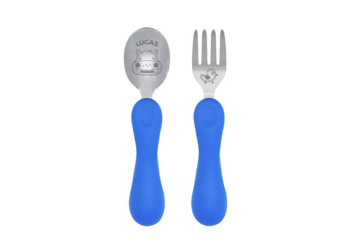 Jogo Anatômico Colher e Garfo com Inox Hipopótamo Lucas 2pcs (em Silicone e Inox) - Marcus & Marcus