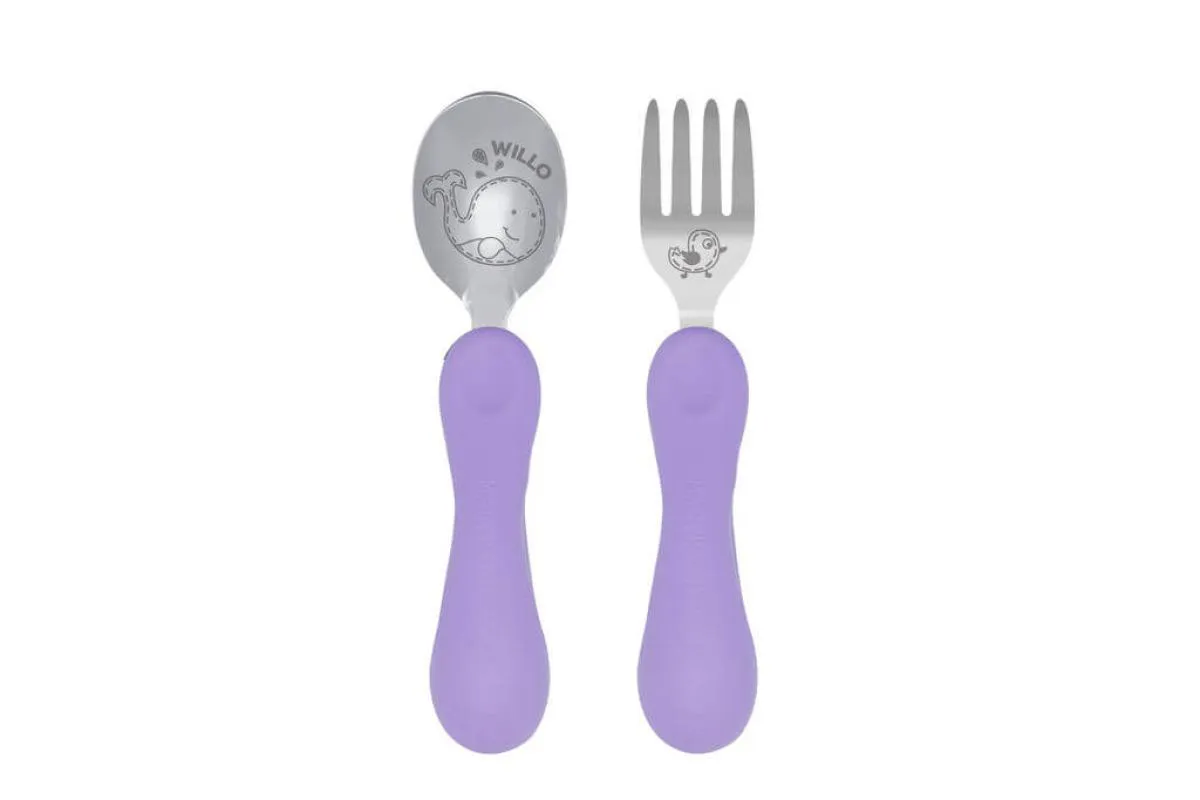 Jogo Anatômico Colher e Garfo com Inox Baleia Willo 2pcs (em Silicone e Inox) - Marcus & Marcus