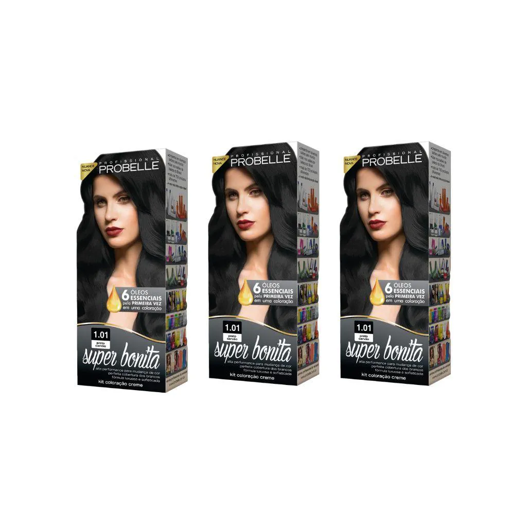 Coloraçao Probelle Super Bonita 1.01 Preto Carvao - Kit C / 3un