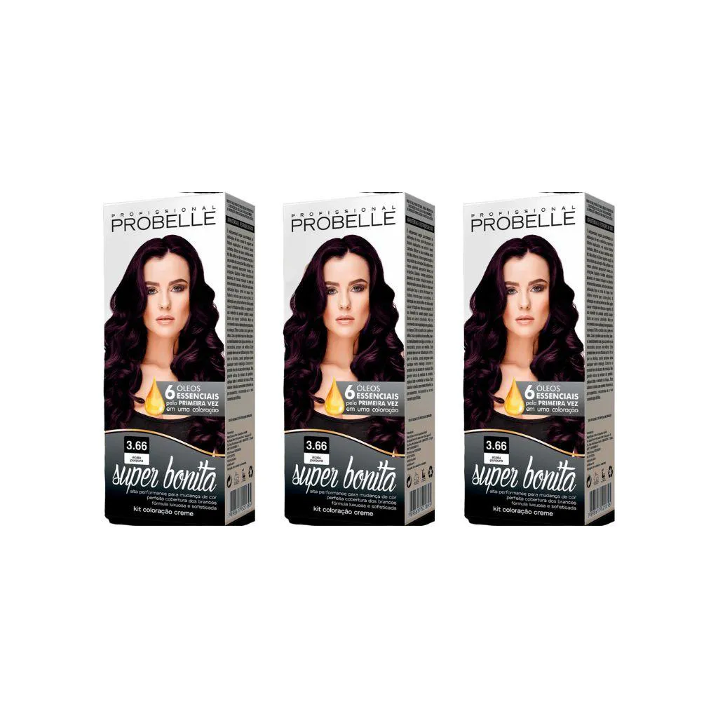 Coloraçao Probelle Super Bonita 3.66 Castanho Purpura - Kit C / 3un