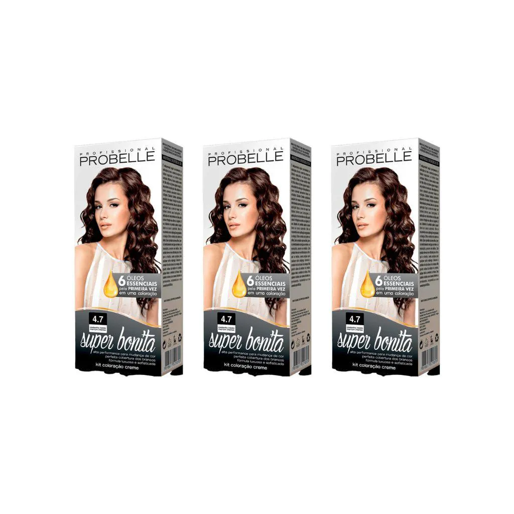 Coloraçao Probelle Super Bonita 4.77 Cast Med Marrom Intenso - Kit C / 3 unidades