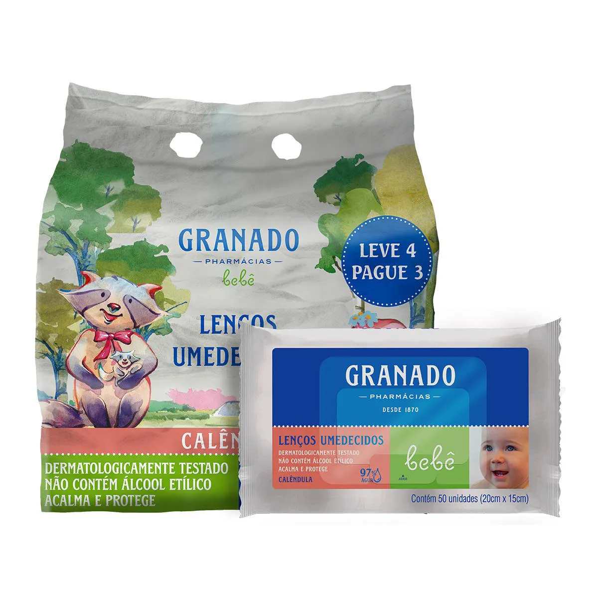 Kit Lenço Umedecido Granado Bebê Calêndula 4 pacotes de 50 unidades cada