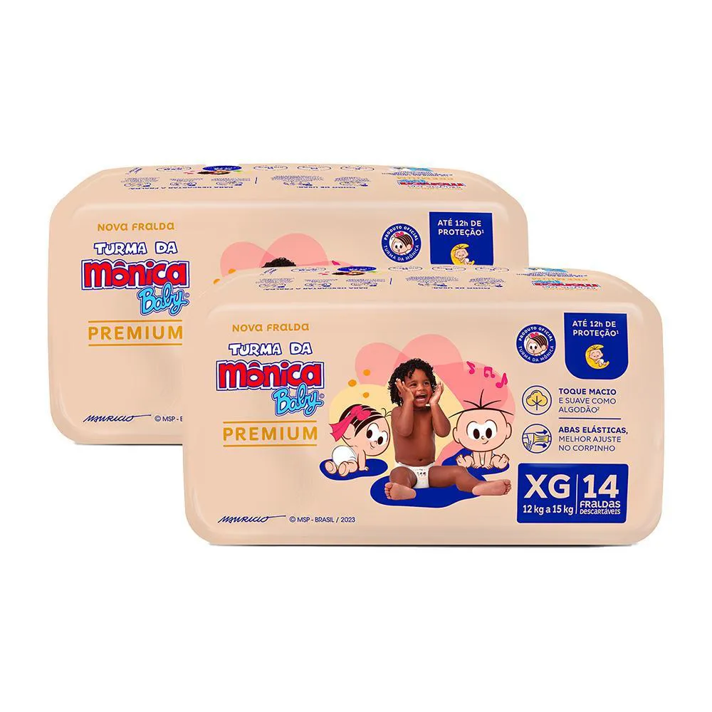 Kit 2 Fralda Turma da Mônica Baby Premium Jumbo XG com 14un cada